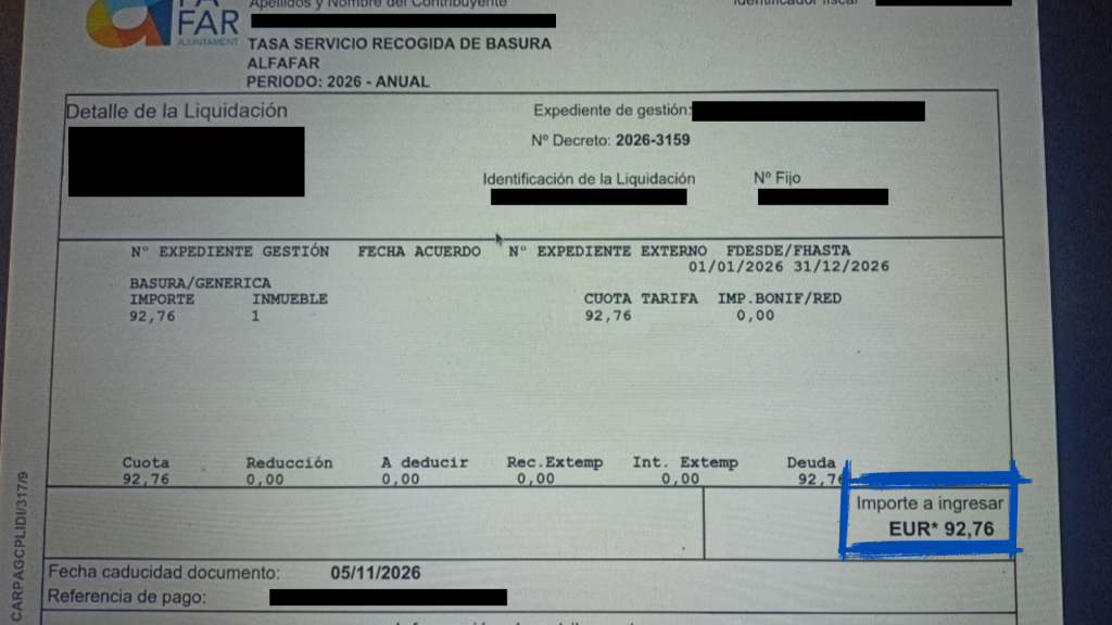 Detalle de un documento de liquidación o recibo municipal que muestra el importe correspondiente a la tasa de residuos en Alfafar.