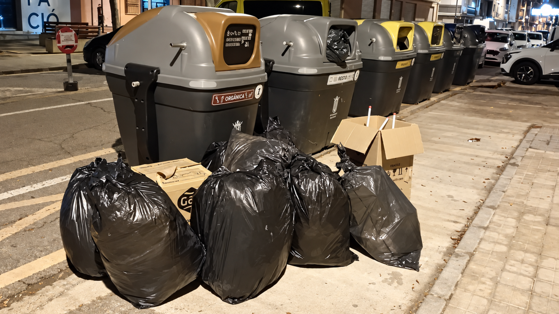 Contenedores de basura en la calle junto a varias bolsas de residuos acumuladas en el suelo, relacionados con la tasa de residuos en Alfafar.