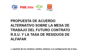 Documento oficial de la propuesta de acuerdo sobre la mesa de trabajo de la tasa de residuos y contrato R.S.U. para modernizar Alfafar, con logos de los grupos políticos municipales.