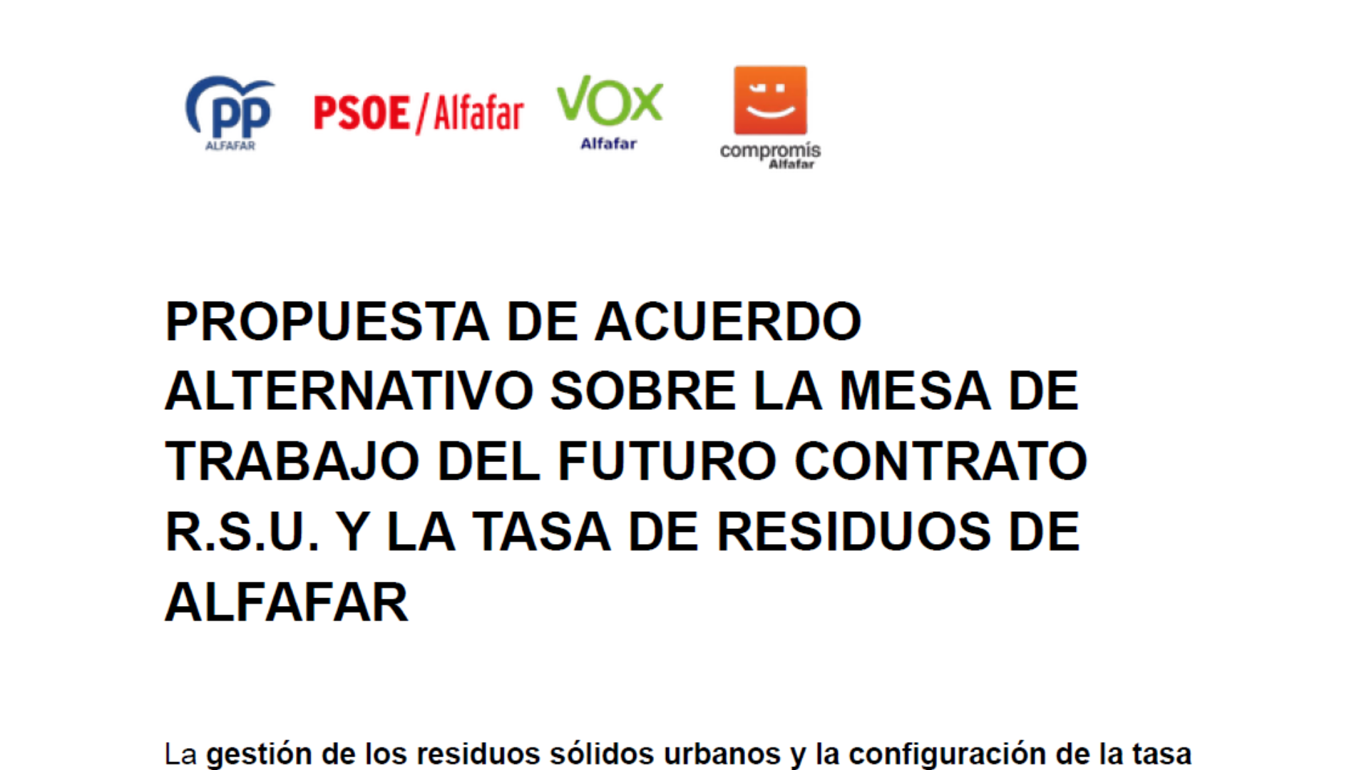Documento oficial de la propuesta de acuerdo sobre la mesa de trabajo de la tasa de residuos y contrato R.S.U. para modernizar Alfafar, con logos de los grupos políticos municipales.