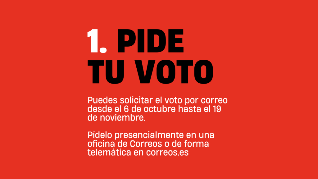 Guía paso a paso para el voto por correo 2026, mostrando el primer paso sobre cómo solicitar el voto del 6 de octubre al 19 de noviembre de forma presencial o telemática.   