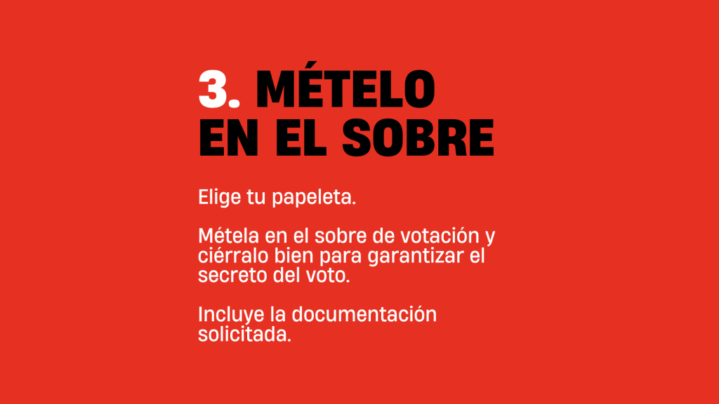 Explicación del tercer paso del voto por correo 2026 referente a introducir la papeleta y la documentación solicitada dentro del sobre de votación.   